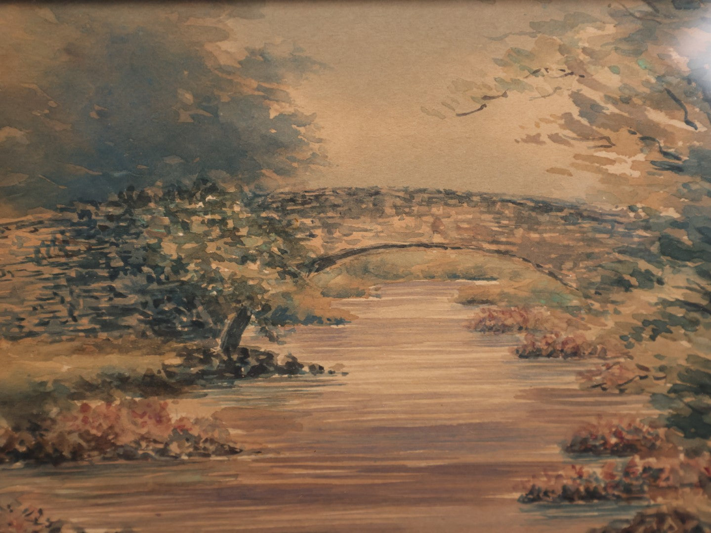 Lot 054 - Antique Original Watercolor Painting Of A Bridge Over A River With Foliage, Artist Signed A.F. Bird