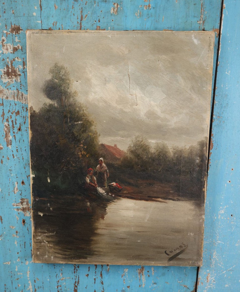 Lot 055 - Antique Oil On Canvas Of Two Women Doing Washing At A River Bank, Foliage And House In The Background, Artist Signed, Illegible, Possibly Comas, Heavy Wear And Tears