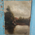 Lot 055 - Antique Oil On Canvas Of Two Women Doing Washing At A River Bank, Foliage And House In The Background, Artist Signed, Illegible, Possibly Comas, Heavy Wear And Tears