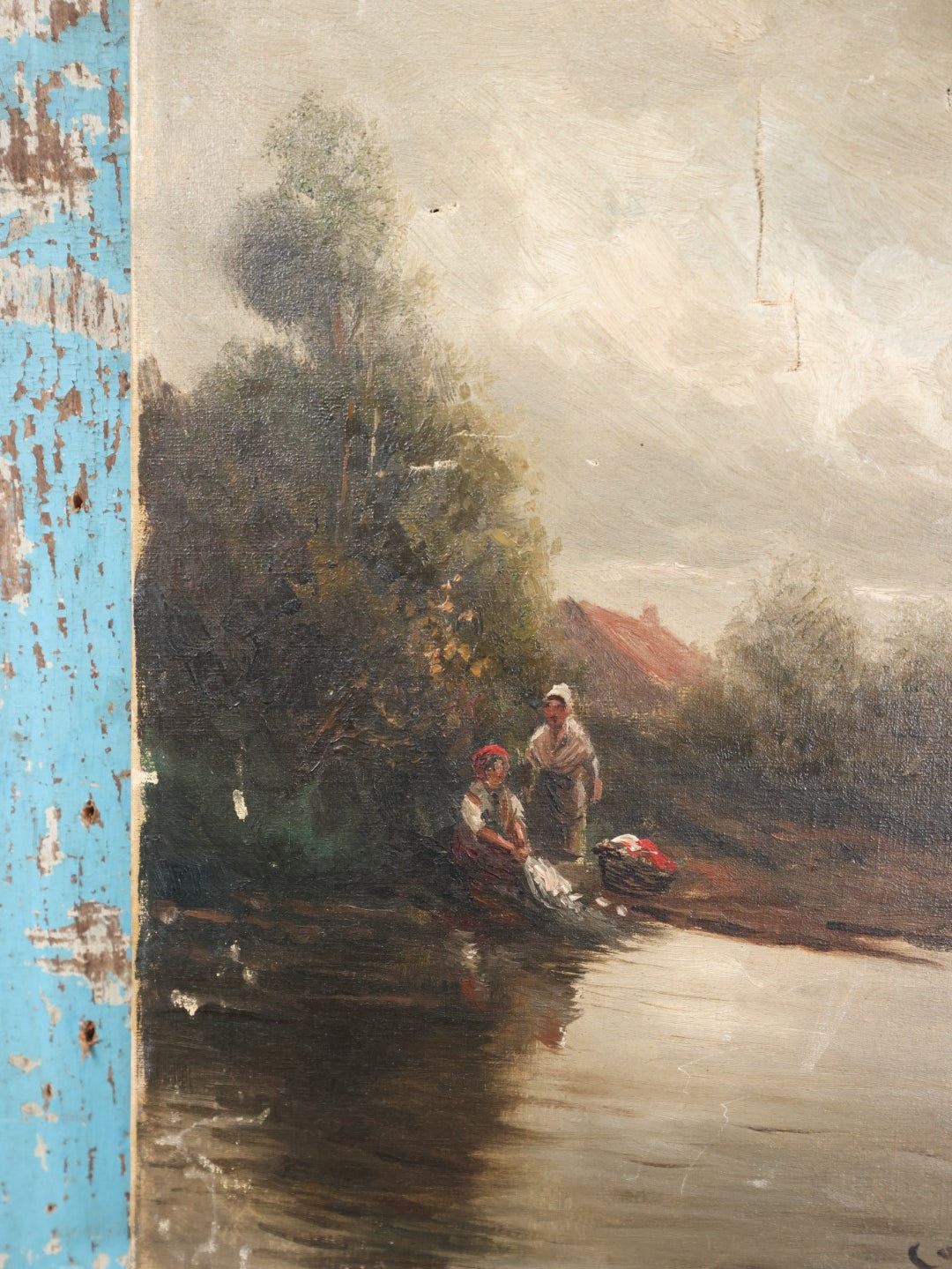 Lot 055 - Antique Oil On Canvas Of Two Women Doing Washing At A River Bank, Foliage And House In The Background, Artist Signed, Illegible, Possibly Comas, Heavy Wear And Tears