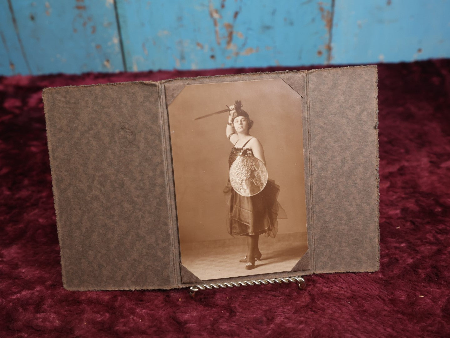 Lot 060 - Single Dancer Portrait Photo, Woman Holding Figural Shield And Sword In Costume, Godin Studios Photographer, Manchester, New Hampshire