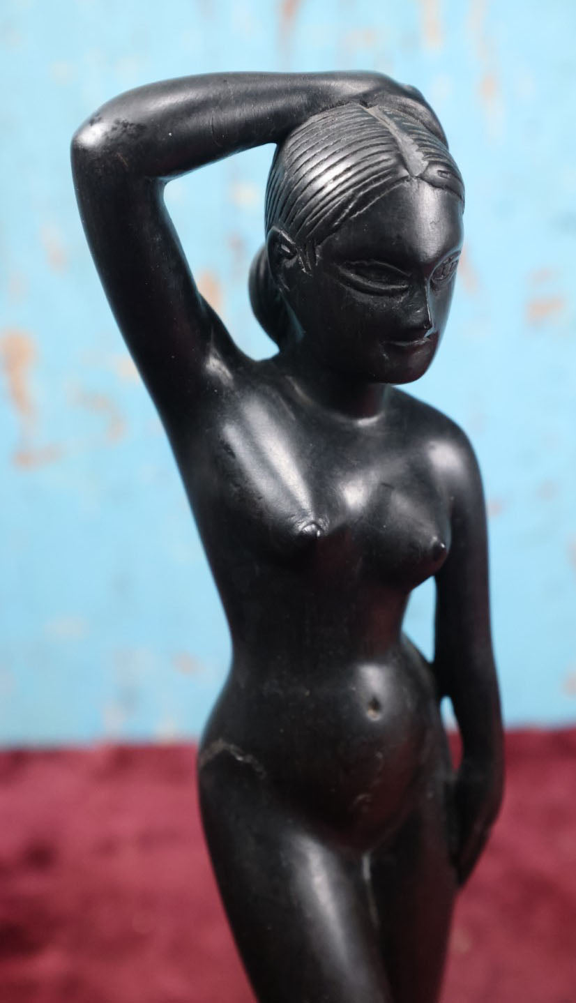 Lot 068 - Vintage Ebony Carved Wood Statue, Likely African, On Base, Approximately 12.5" Tall (Tallest)