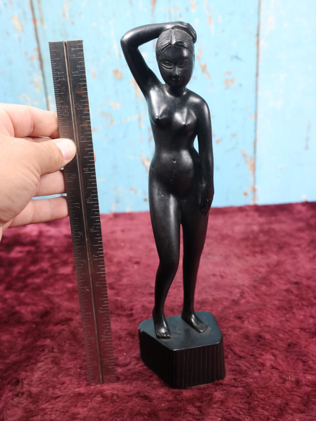 Lot 068 - Vintage Ebony Carved Wood Statue, Likely African, On Base, Approximately 12.5" Tall (Tallest)