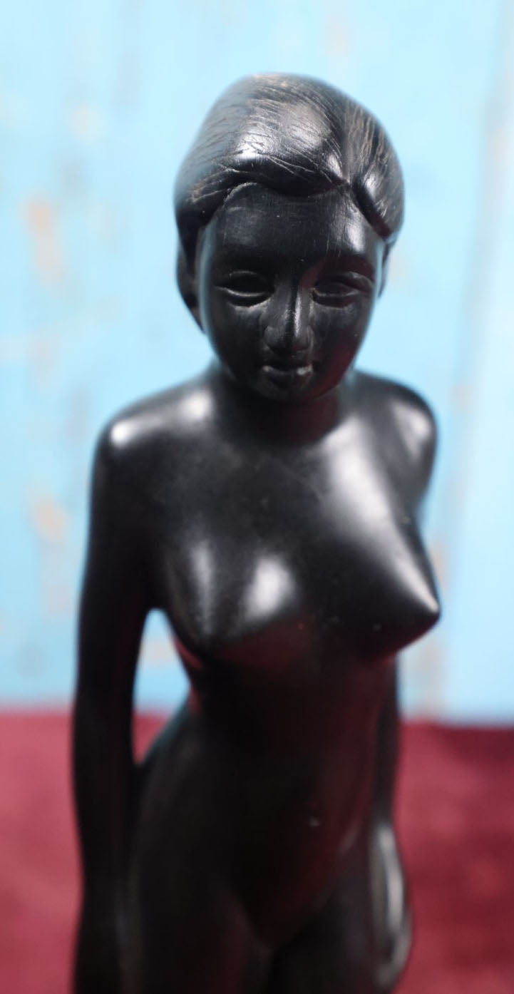 Lot 069 - Vintage Ebony Carved Wood Statue, Likely African, On Base, Approximately 10" Tall (Second Tallest)