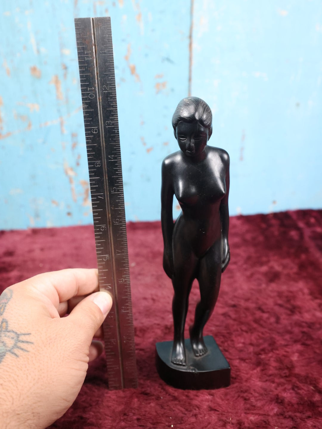 Lot 069 - Vintage Ebony Carved Wood Statue, Likely African, On Base, Approximately 10" Tall (Second Tallest)