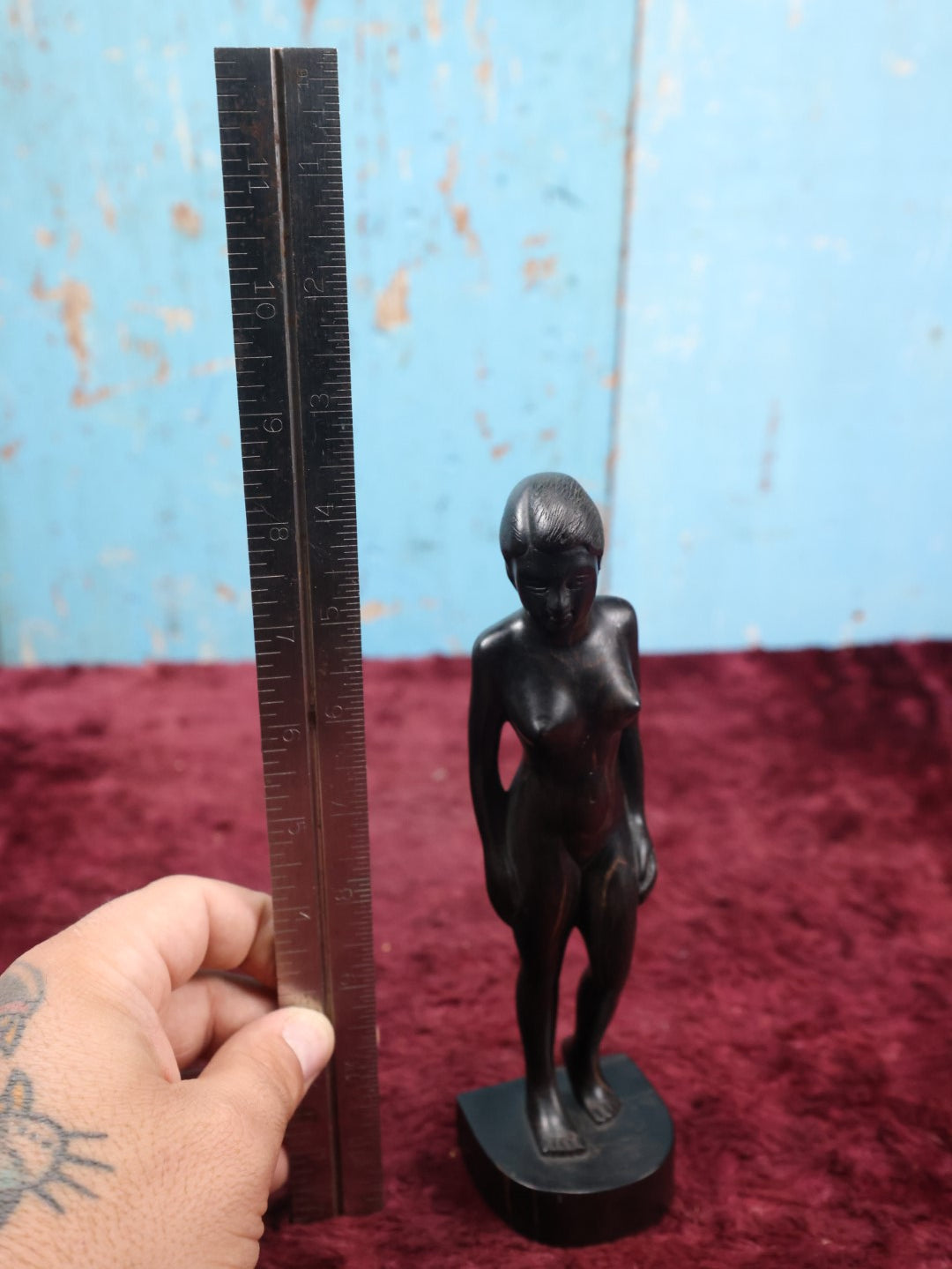 Lot 070 - Vintage Ebony Carved Wood Statue, Likely African, On Base, Approximately 8" Tall (Third Tallest)