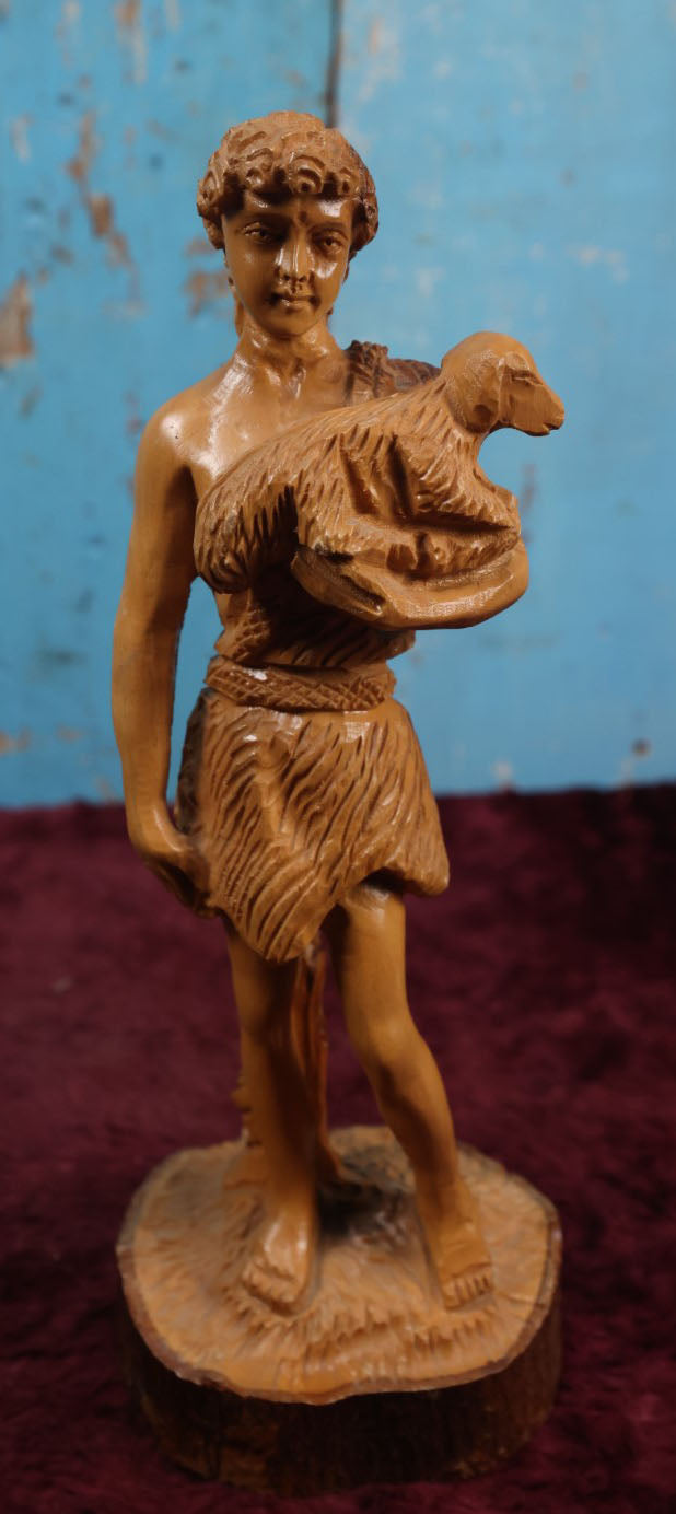 Lot 071 - Vintage Olive Wood Religious Carving Of Man With Sheep, Signed Omar Bakri, Master Wood Carver And Owner Of Omar's Souvenirs In East Jerusalem