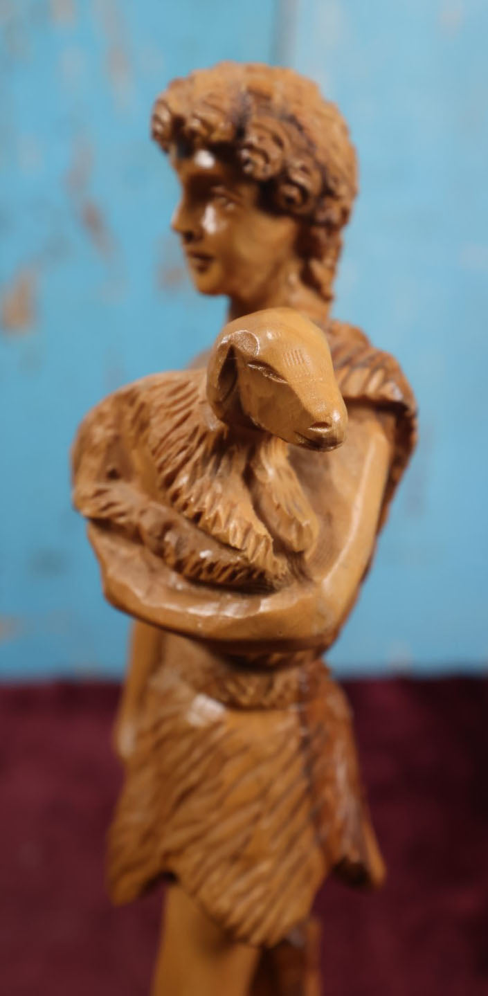 Lot 071 - Vintage Olive Wood Religious Carving Of Man With Sheep, Signed Omar Bakri, Master Wood Carver And Owner Of Omar's Souvenirs In East Jerusalem