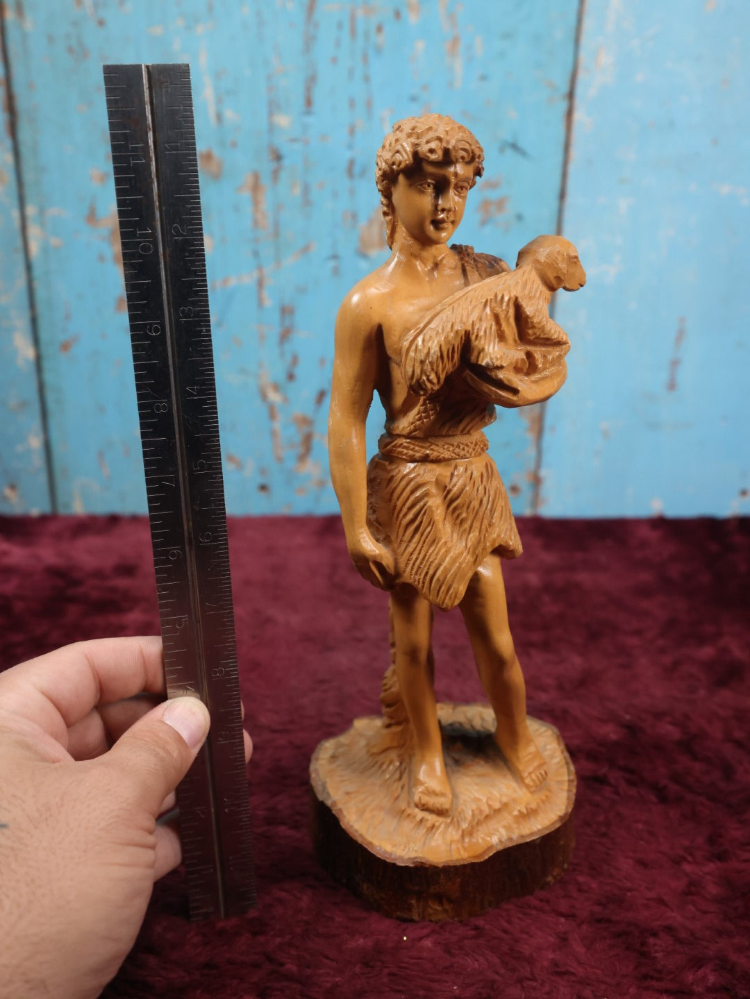 Lot 071 - Vintage Olive Wood Religious Carving Of Man With Sheep, Signed Omar Bakri, Master Wood Carver And Owner Of Omar's Souvenirs In East Jerusalem