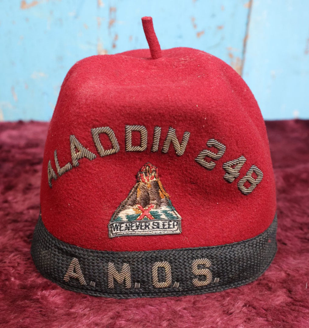 Lot 073 - Vintage A.M.O.S. Ancient Mystic Order Of Samaritans Fez With Volcano Patch, "We Never Sleep," Odd Fellows Side Degree, Aladdin 248 Lodge, Made By Lilley Co., Columbus, Ohio 