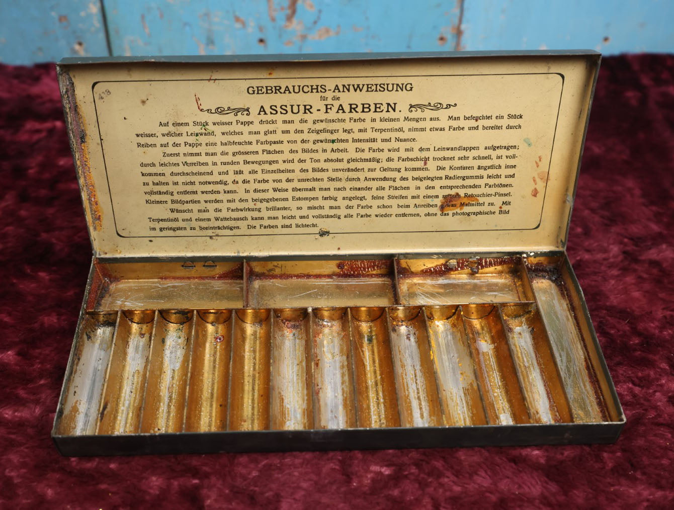 Lot 079 - Antique German Paint Tin, "Asur Farben," Assur Colors, See Translation In Description