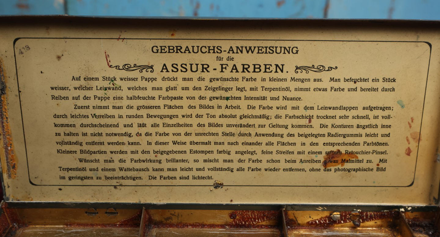 Lot 079 - Antique German Paint Tin, "Asur Farben," Assur Colors, See Translation In Description