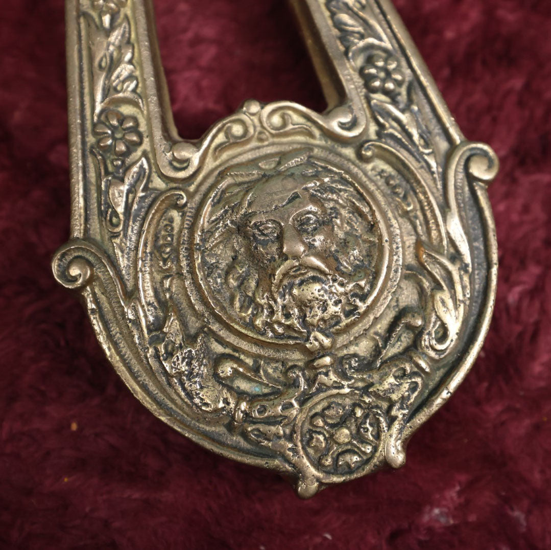 Lot 081 - Vintage Reproduction Solid Brass Door Knocker With Green Man Face, Faux Patination