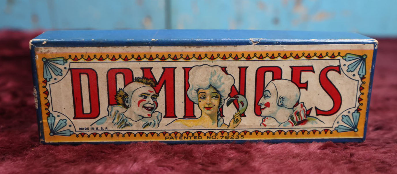 Lot 086 - Antique Wooden Dominoes In Box With Clowns, Lady In Mask, Made In U.S.A., Patented No. 76235, Complete Set