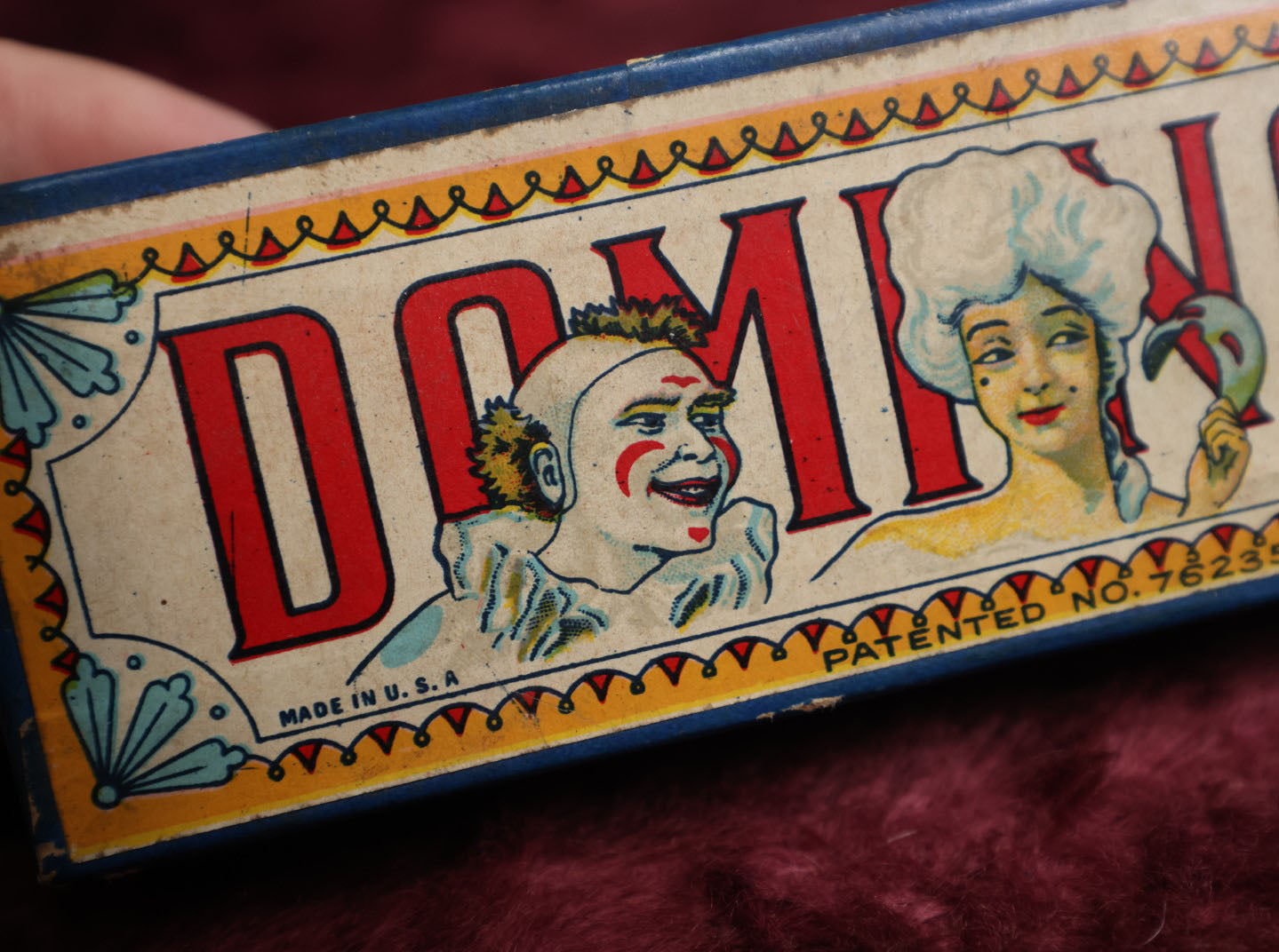 Lot 086 - Antique Wooden Dominoes In Box With Clowns, Lady In Mask, Made In U.S.A., Patented No. 76235, Complete Set