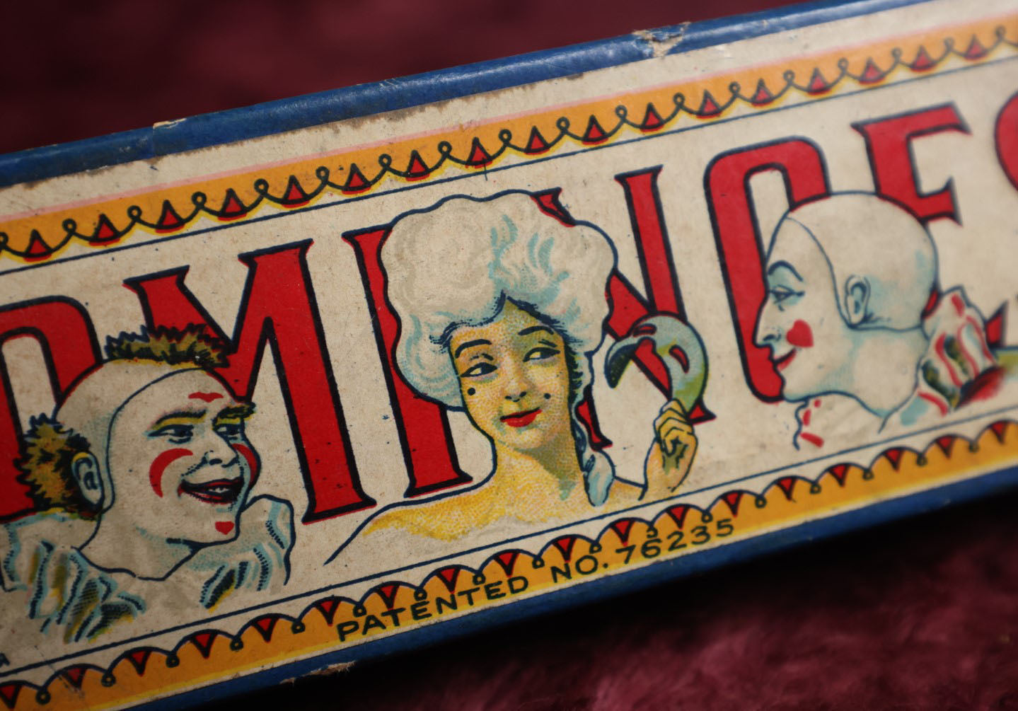 Lot 086 - Antique Wooden Dominoes In Box With Clowns, Lady In Mask, Made In U.S.A., Patented No. 76235, Complete Set