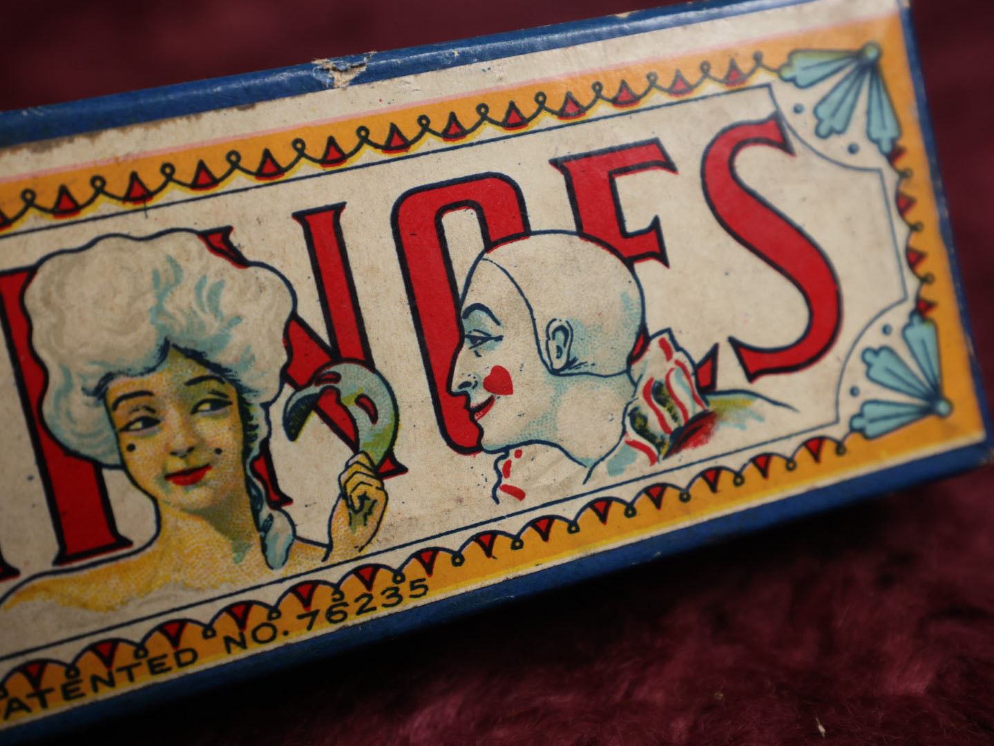 Lot 086 - Antique Wooden Dominoes In Box With Clowns, Lady In Mask, Made In U.S.A., Patented No. 76235, Complete Set