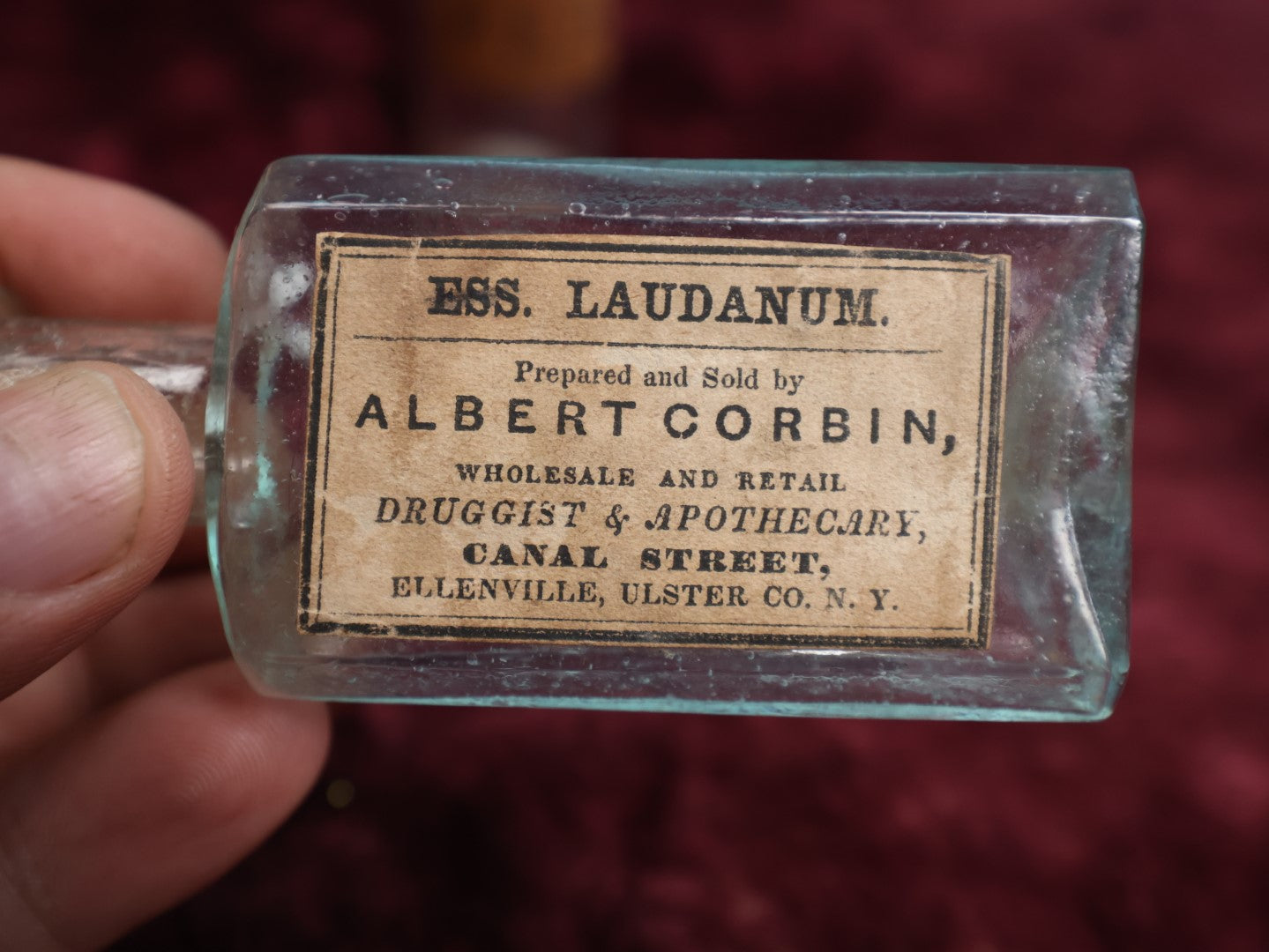 Lot 089 - Grouping Of Three Antique Hand Blown Glass Pontiled Bottles With Apothecary Labels Including Chloroform, Laudanum, And Gentian, Labels From Vermont And New York