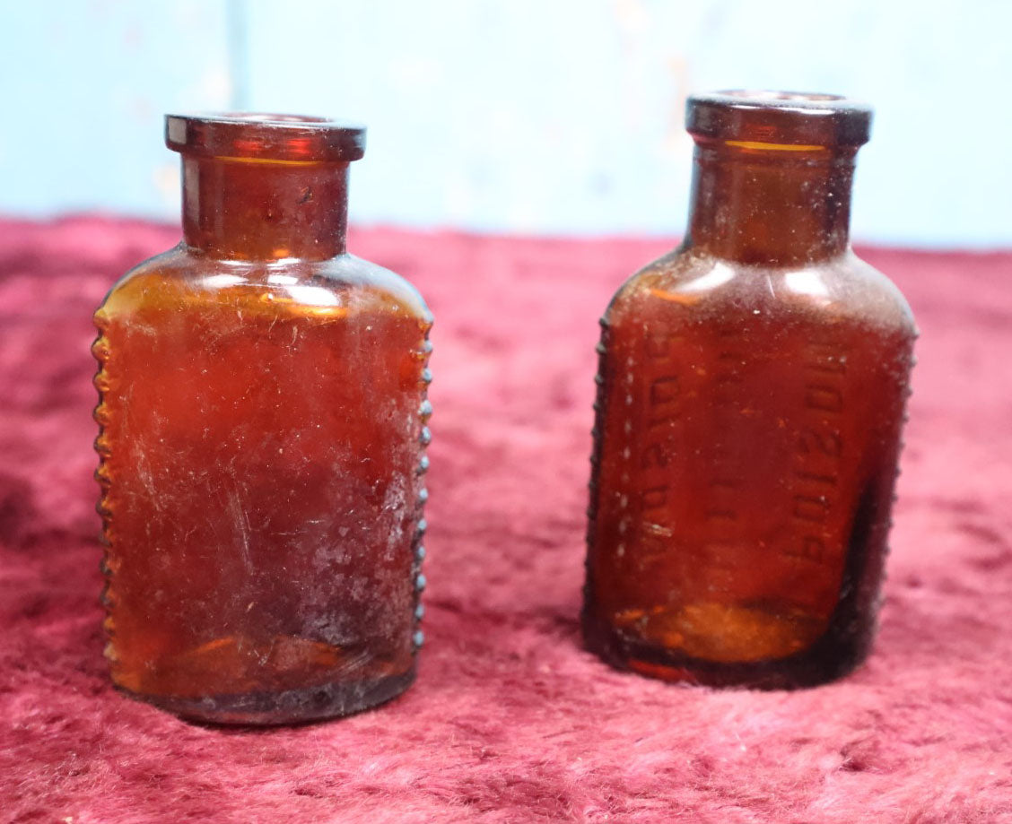 Lot 092 - Pair Of Antique Amber Glass Poison Bottles, One With Poison Written Twice, Another Just Once, Sold As Pair