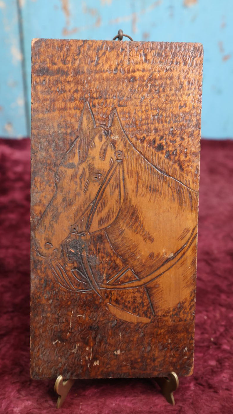 Lot 104 - Antique Pyrography Flemish Art Horse Plaque Wall Hanger, Small