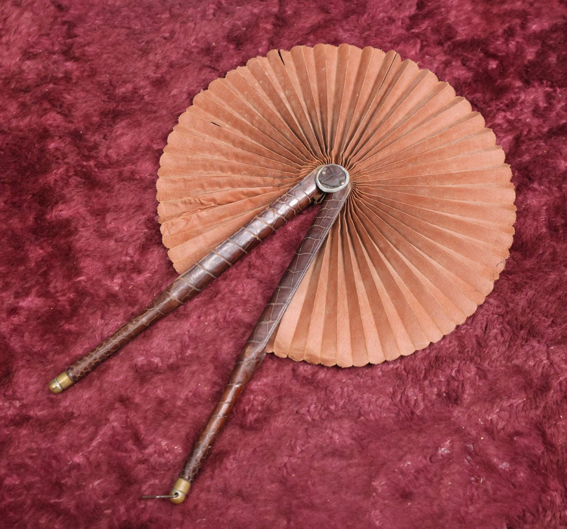 Lot 105 - Antique Brown Leather Handle Fabric Folding Fan, Faux Alligator Skin Covering