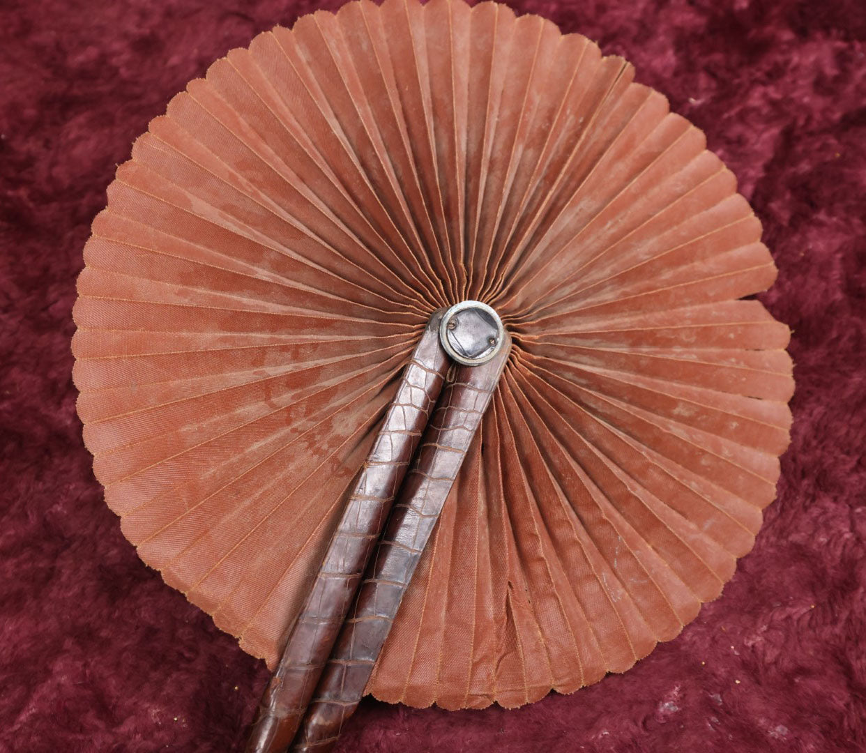 Lot 105 - Antique Brown Leather Handle Fabric Folding Fan, Faux Alligator Skin Covering