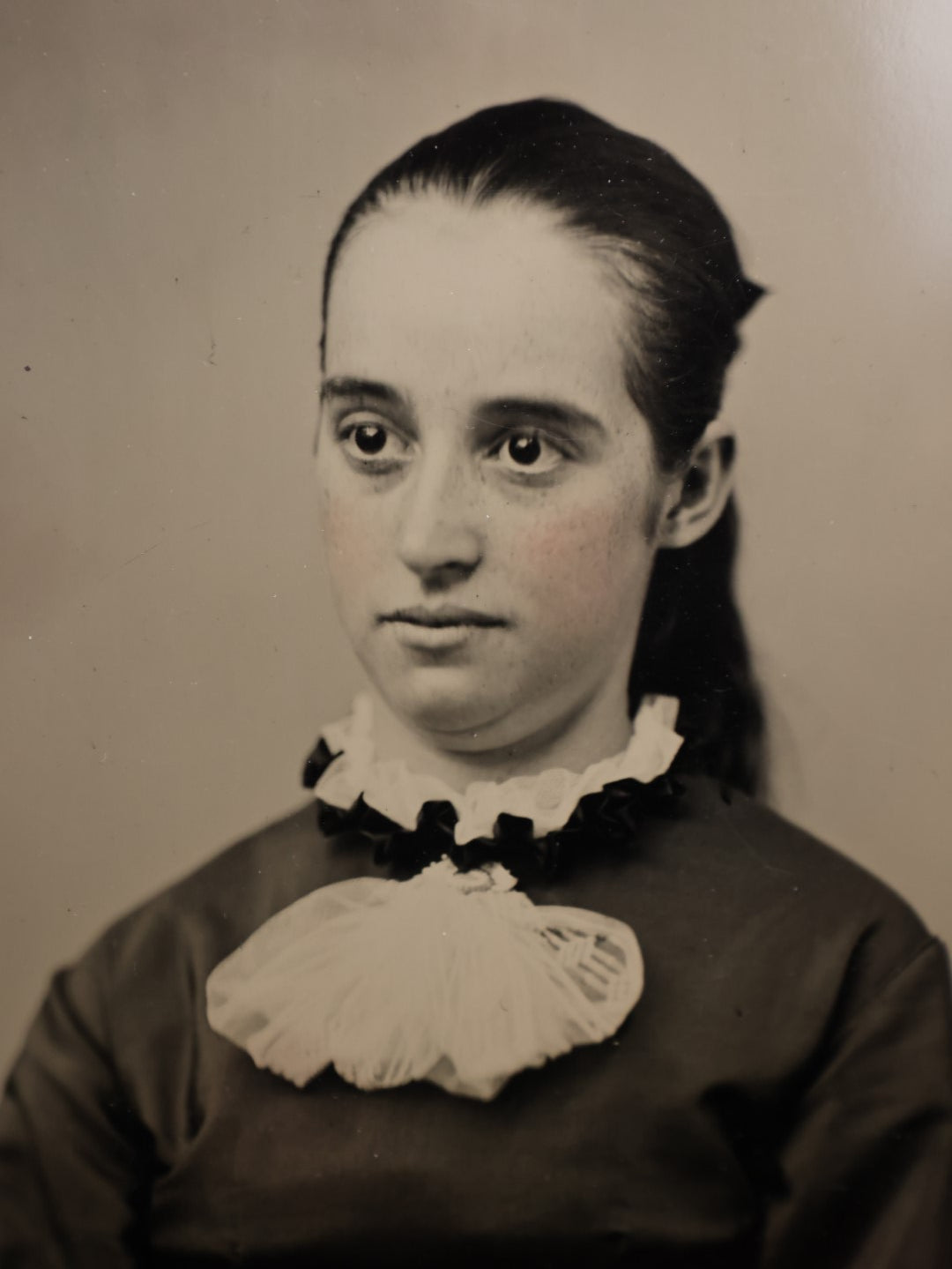 Lot 109 - Antique Tintype Photo Of Pretty Young Woman With Large Eyes, Ponytail, Approximately Full Plate