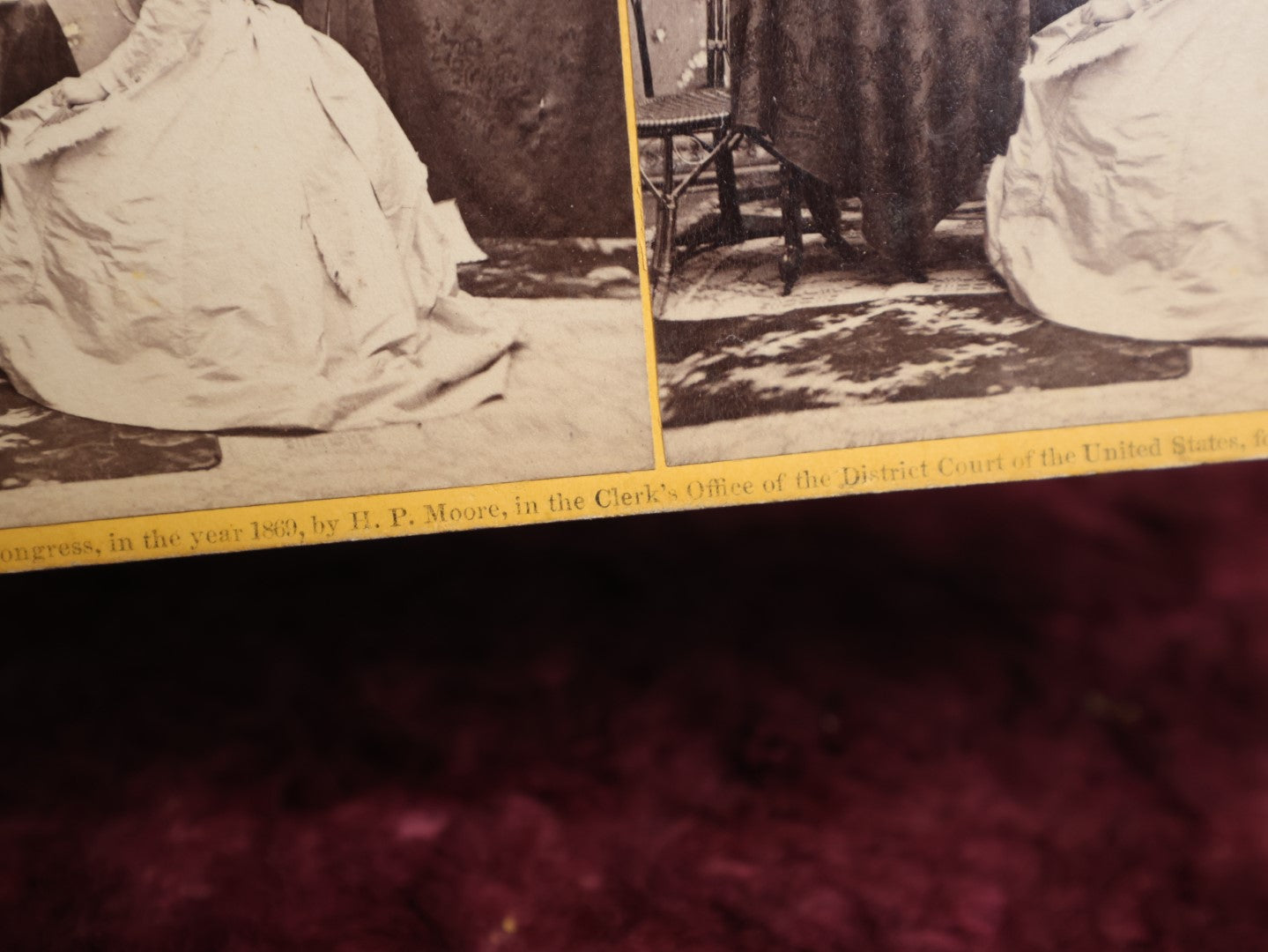 Lot 111 - Antique Spirit Photography Stereo Card, Woman At Table Looking At Photo Album With Spirit Behind Her, Dated 1869 By H.P. Moore, New Hampshire 