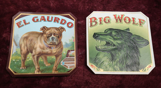 Lot 112 - Pair Of Antique New Old Stock N.O.S. Embossed Cigar Box Labels - El Guardo, With Bulldog, And Big Wolf, With Howling Wolf