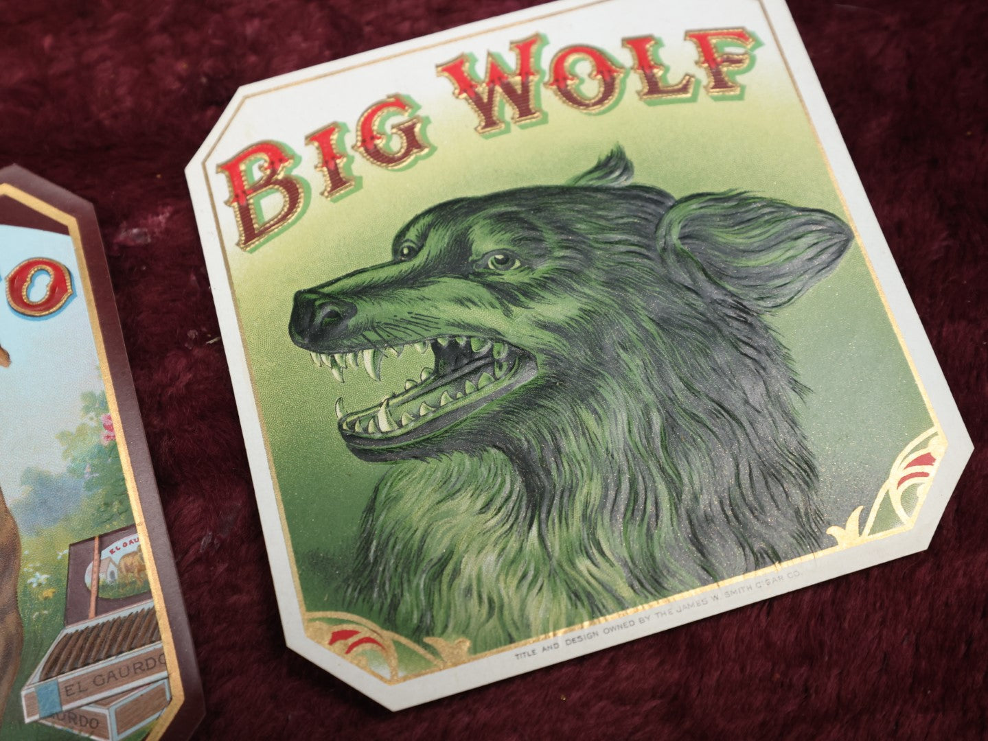 Lot 112 - Pair Of Antique New Old Stock N.O.S. Embossed Cigar Box Labels - El Guardo, With Bulldog, And Big Wolf, With Howling Wolf