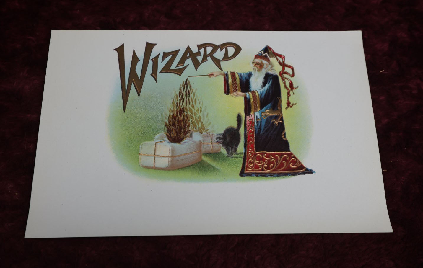 Lot 114 - Antique Large Size Wizard Embossed Cigar Box Label, Wizard Casting Spell With Black Cat, New Old Stock N.O.S.