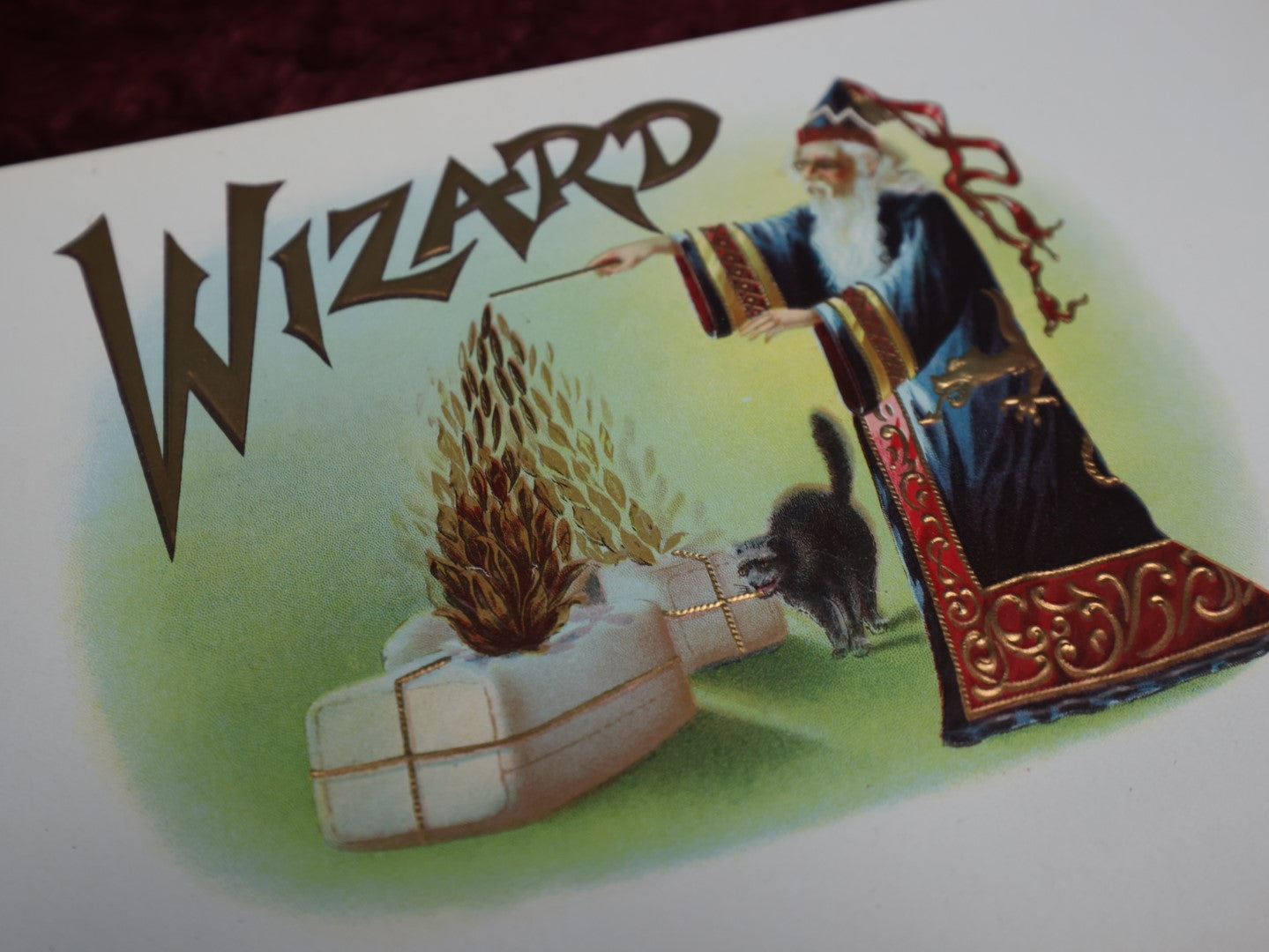 Lot 114 - Antique Large Size Wizard Embossed Cigar Box Label, Wizard Casting Spell With Black Cat, New Old Stock N.O.S.