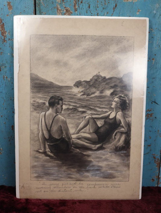 Lot 117 - Antique Original Charcoal Illustration Of A Beach Scene, Inscription Reads, "Young Girl And Her Companion Were Sunning Themselves On The Beach"