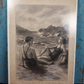 Lot 117 - Antique Original Charcoal Illustration Of A Beach Scene, Inscription Reads, "Young Girl And Her Companion Were Sunning Themselves On The Beach"