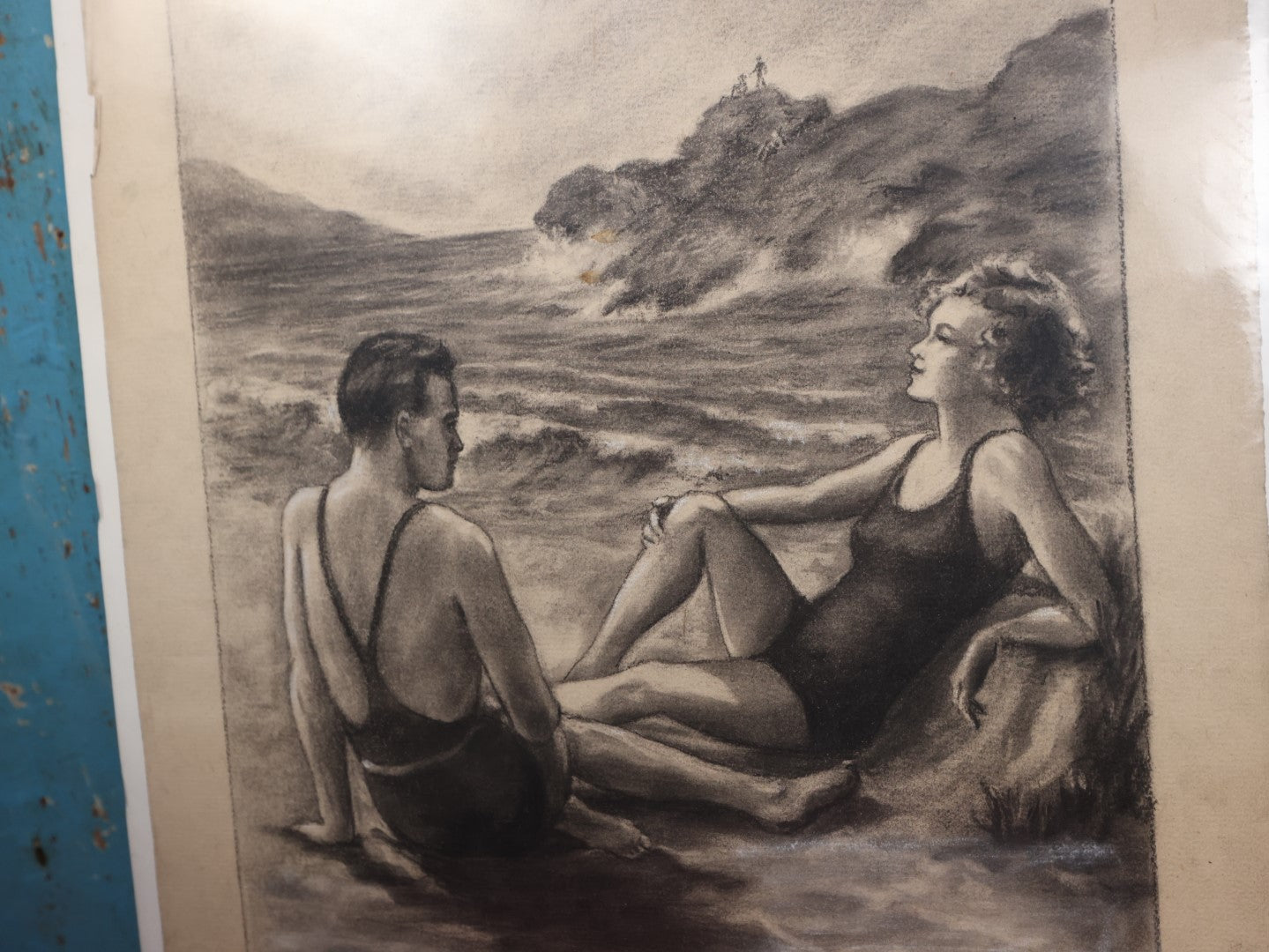 Lot 117 - Antique Original Charcoal Illustration Of A Beach Scene, Inscription Reads, "Young Girl And Her Companion Were Sunning Themselves On The Beach"