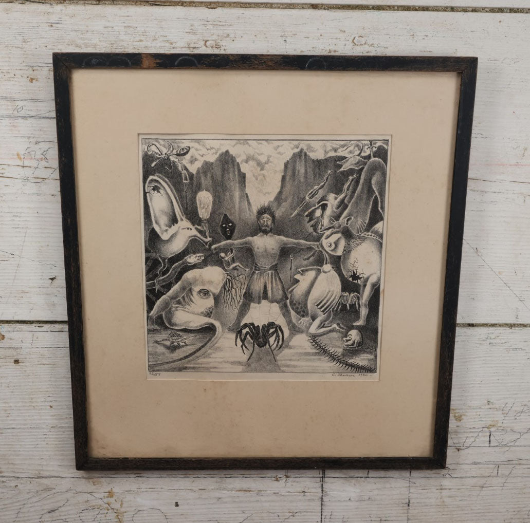 Lot 002 - Bizarre Antique Framed Artist's Proof Of  A Man Being Tormented By Beasts And Creatures, Including A Giant Spider, Signed C. Shearu, 1930, Numbered 22/58