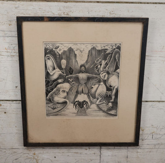 Lot 002 - Bizarre Antique Framed Artist's Proof Of  A Man Being Tormented By Beasts And Creatures, Including A Giant Spider, Signed C. Shearu, 1930, Numbered 22/58