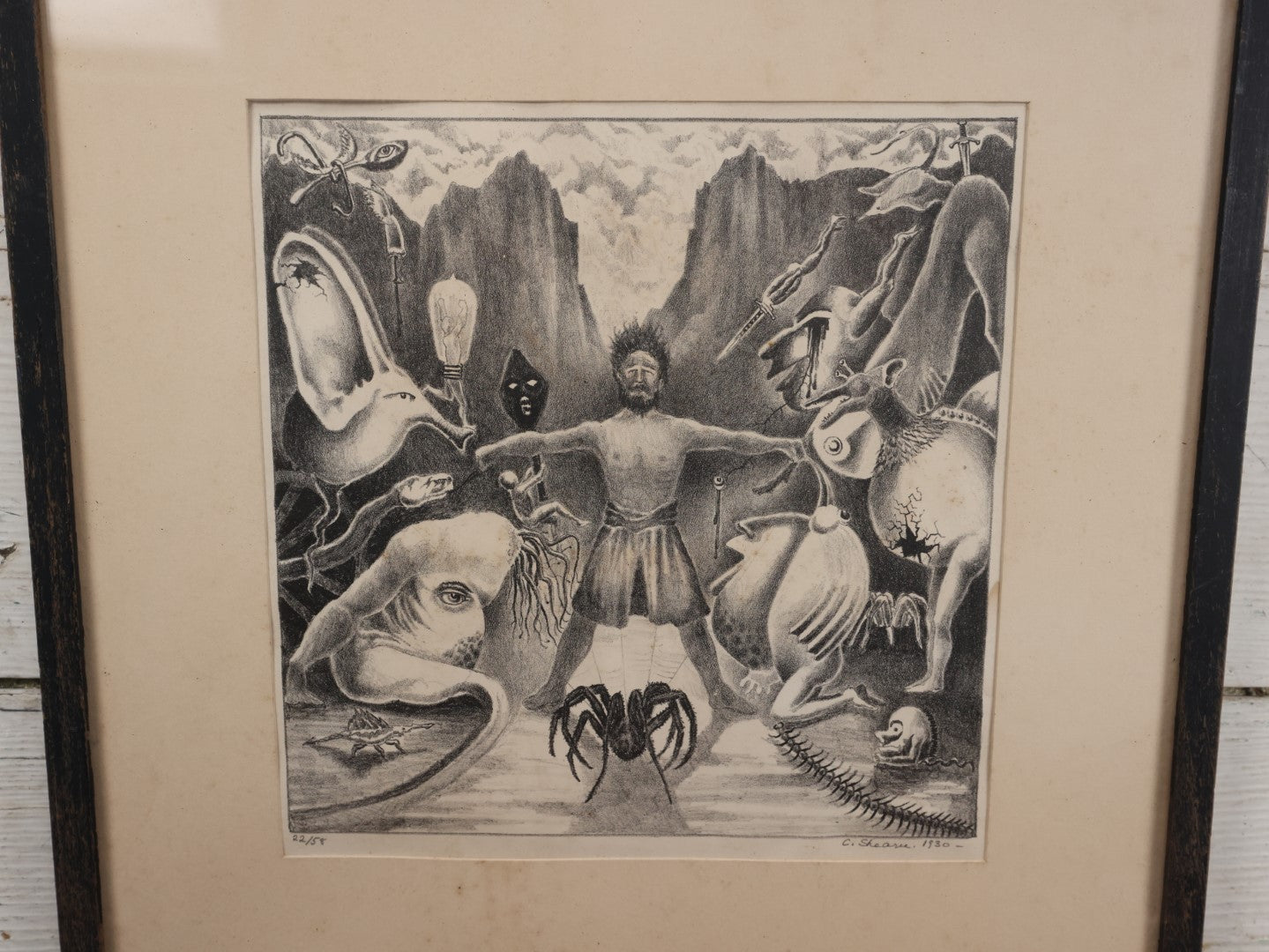 Lot 002 - Bizarre Antique Framed Artist's Proof Of  A Man Being Tormented By Beasts And Creatures, Including A Giant Spider, Signed C. Shearu, 1930, Numbered 22/58