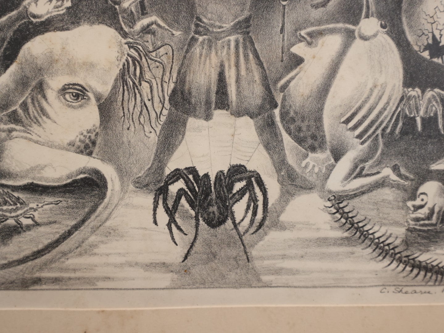 Lot 002 - Bizarre Antique Framed Artist's Proof Of  A Man Being Tormented By Beasts And Creatures, Including A Giant Spider, Signed C. Shearu, 1930, Numbered 22/58