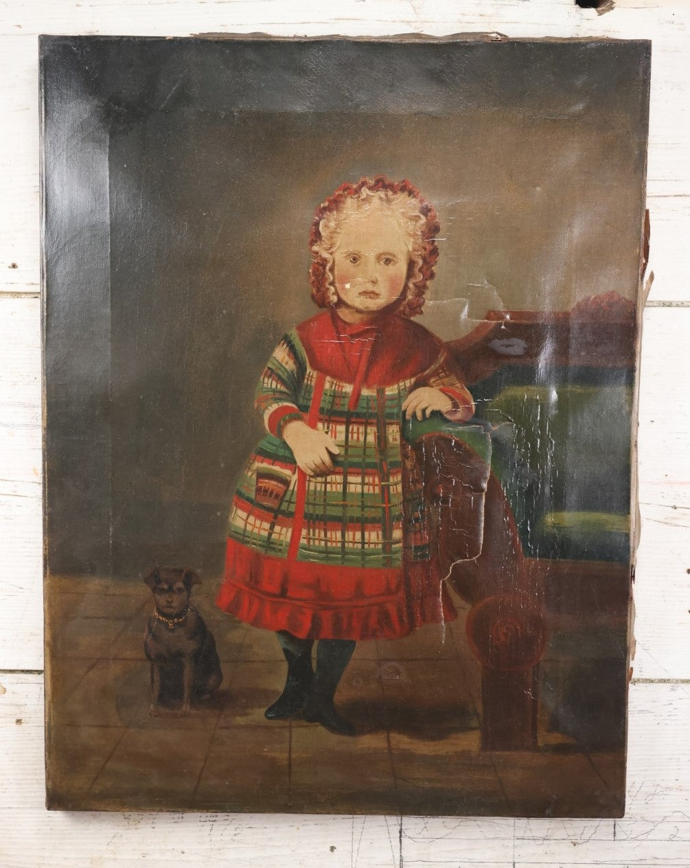 Lot 005 - Antique Oil On Canvas Painting Of A Young Colorfully Dressed Blonde Girl And Her Little Dog, Note Heavy Wear, Tears, See Photos