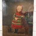 Lot 005 - Antique Oil On Canvas Painting Of A Young Colorfully Dressed Blonde Girl And Her Little Dog, Note Heavy Wear, Tears, See Photos