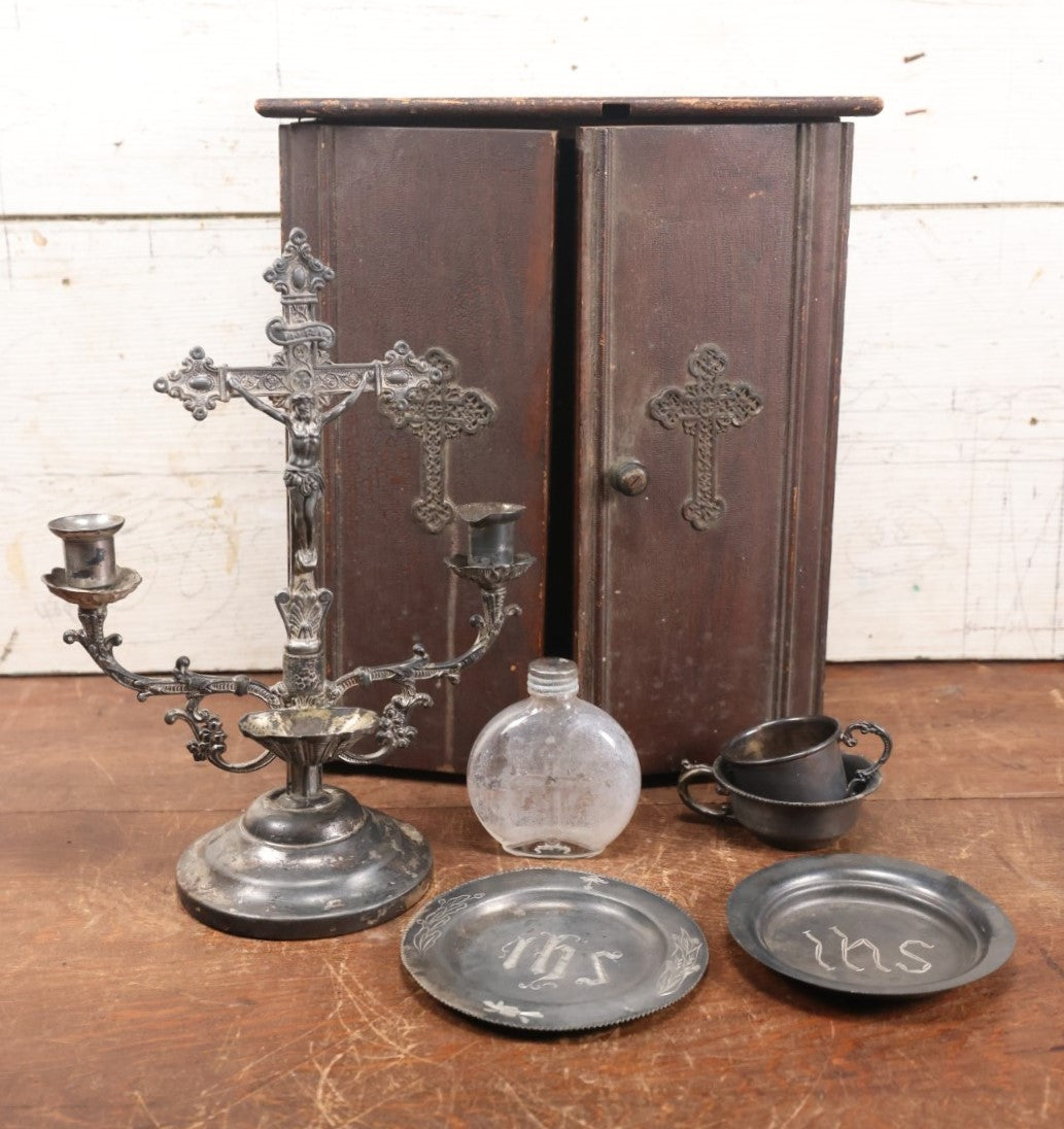 Lot 006 - Antique Last Rites Box / Cabinet With Crucifix, Holy Water Bottle, And Other Accessories, Used By A Priest To Deliver The Final Sacrament To A Sick Or Dying Person, Note Wear To Box