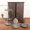 Lot 006 - Antique Last Rites Box / Cabinet With Crucifix, Holy Water Bottle, And Other Accessories, Used By A Priest To Deliver The Final Sacrament To A Sick Or Dying Person, Note Wear To Box