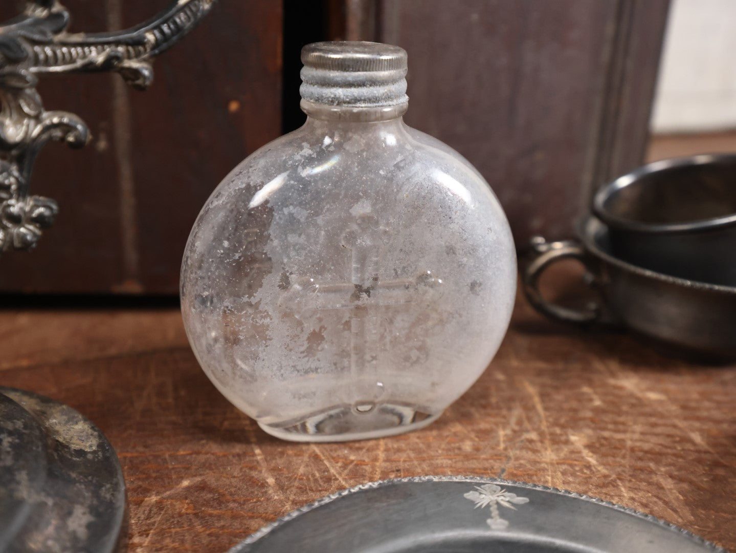 Lot 006 - Antique Last Rites Box / Cabinet With Crucifix, Holy Water Bottle, And Other Accessories, Used By A Priest To Deliver The Final Sacrament To A Sick Or Dying Person, Note Wear To Box