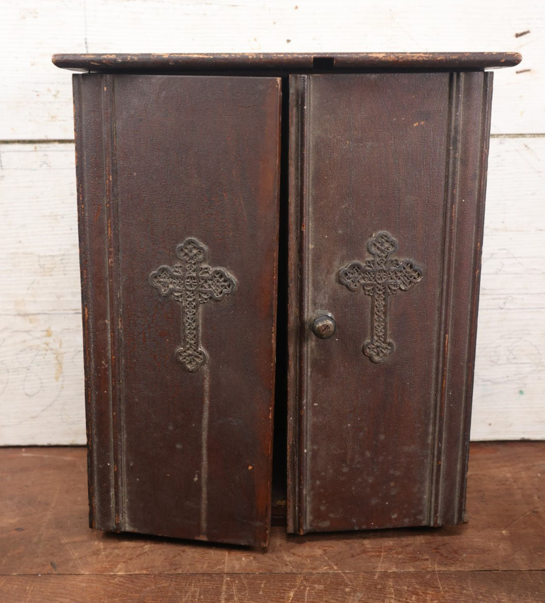 Lot 006 - Antique Last Rites Box / Cabinet With Crucifix, Holy Water Bottle, And Other Accessories, Used By A Priest To Deliver The Final Sacrament To A Sick Or Dying Person, Note Wear To Box