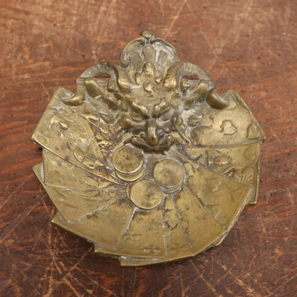 Lot 009 - Antique Brass Lucky Devil Coin And Card Dish Depicting A Snarling Horned Demon, Playing Cards, And Coins