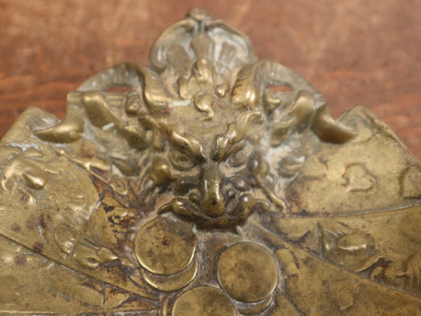 Lot 009 - Antique Brass Lucky Devil Coin And Card Dish Depicting A Snarling Horned Demon, Playing Cards, And Coins