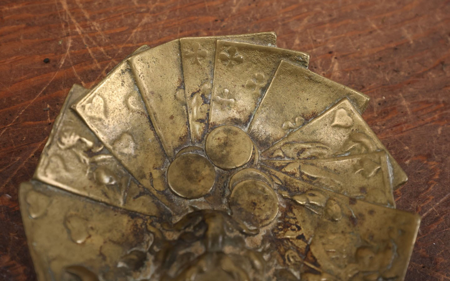 Lot 009 - Antique Brass Lucky Devil Coin And Card Dish Depicting A Snarling Horned Demon, Playing Cards, And Coins