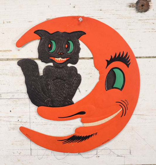 Lot 010 - Vintage H.E. Luhrs Embossed Die Cut Paper / Board Halloween Decoration, Black Cat On Moon