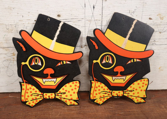 Lot 011 - Pair Of Vintage H.E. Luhrs Embossed Die Cut Paper / Board Halloween Decorations, Smiling Black Cat With Bowtie, Tophat, And Monocle